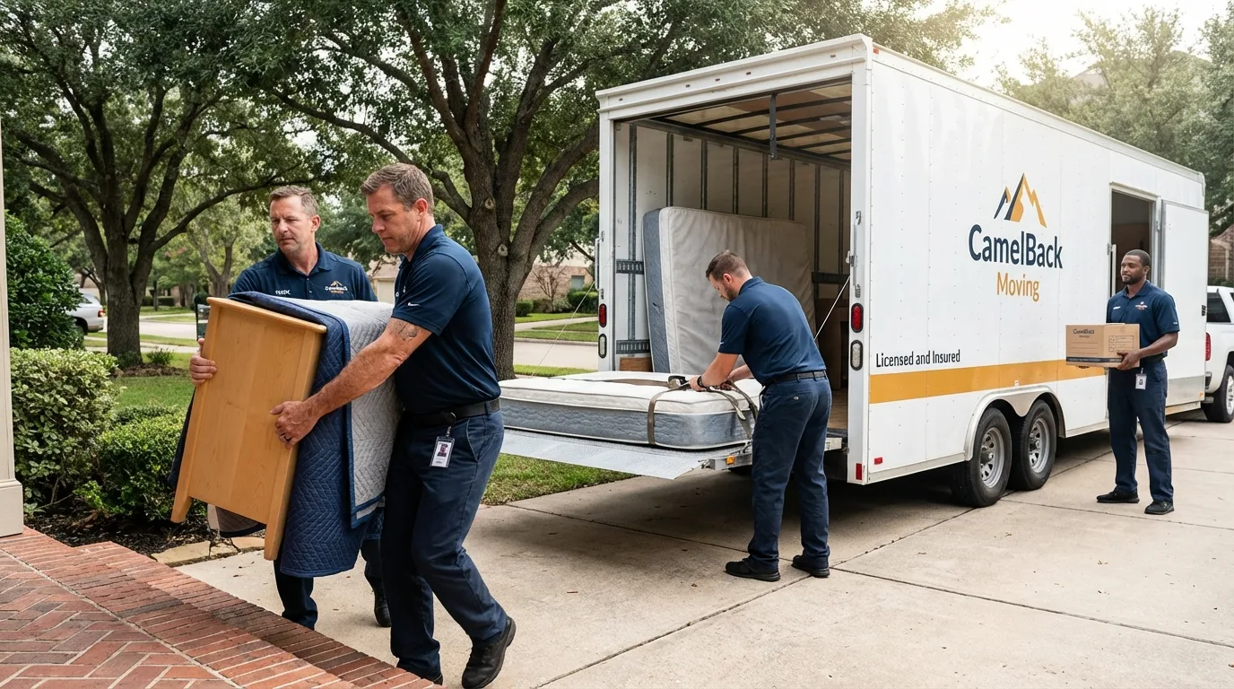 Crew loading residential truck for cross-state move from Willows, CA