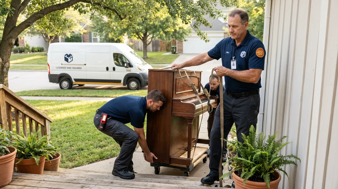 Licensed piano movers securing grand piano in Willows, CA
