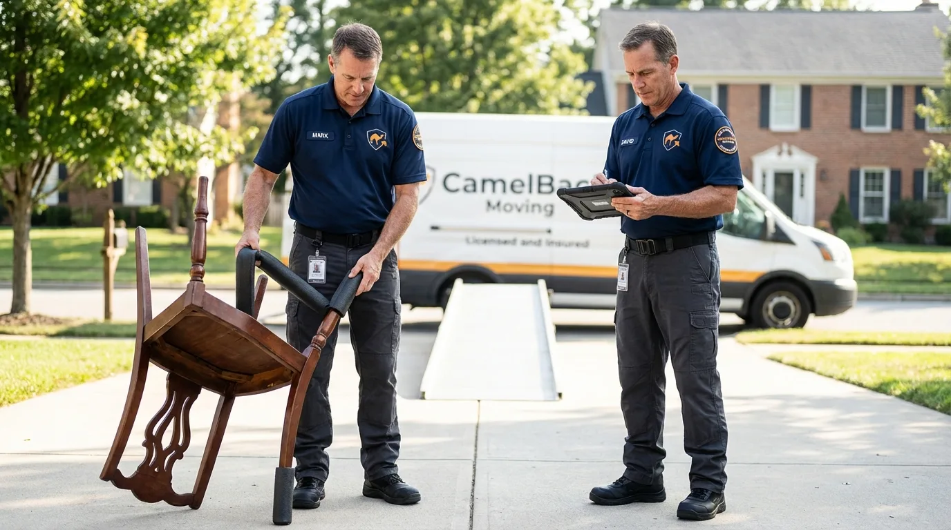 Movers inspecting furniture for damage prevention before loading in Willows, CA