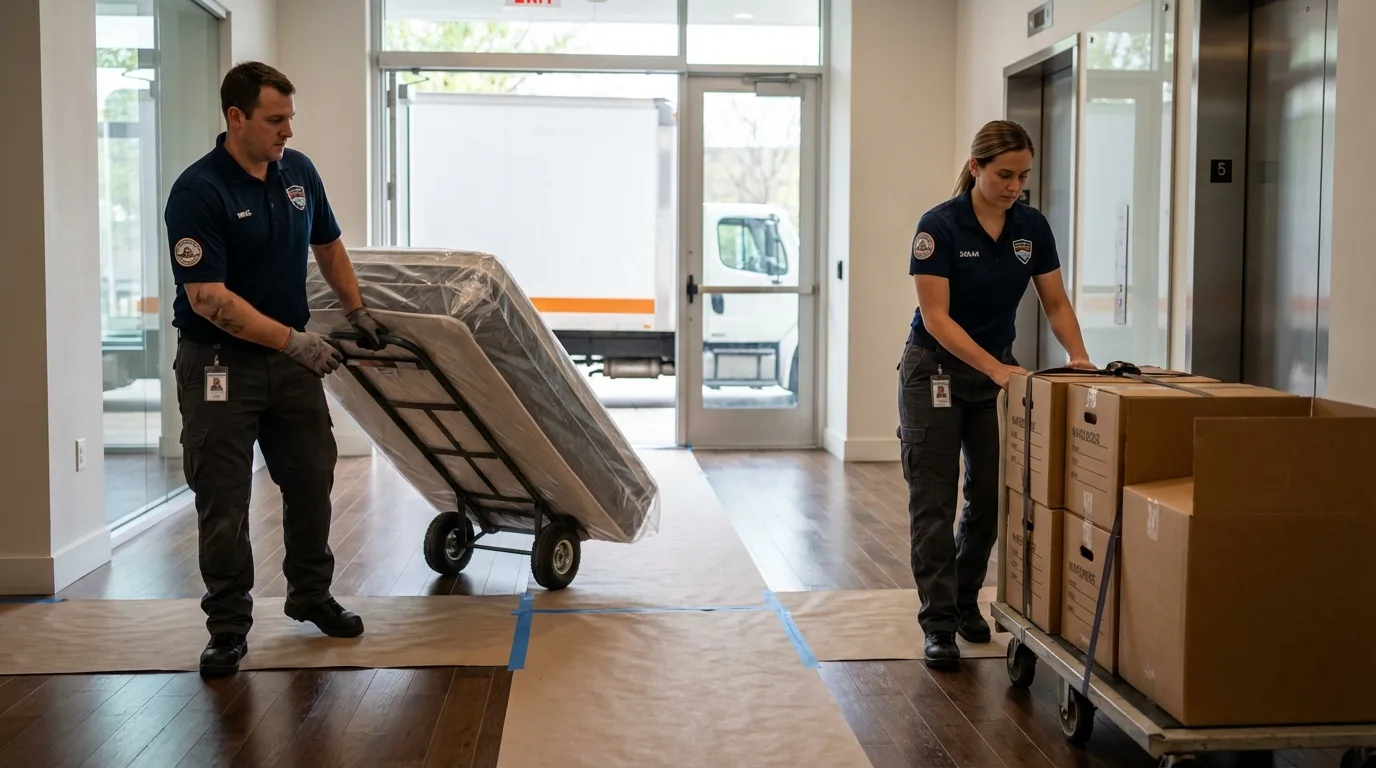 Professional apartment movers loading elevator in Willows, CA