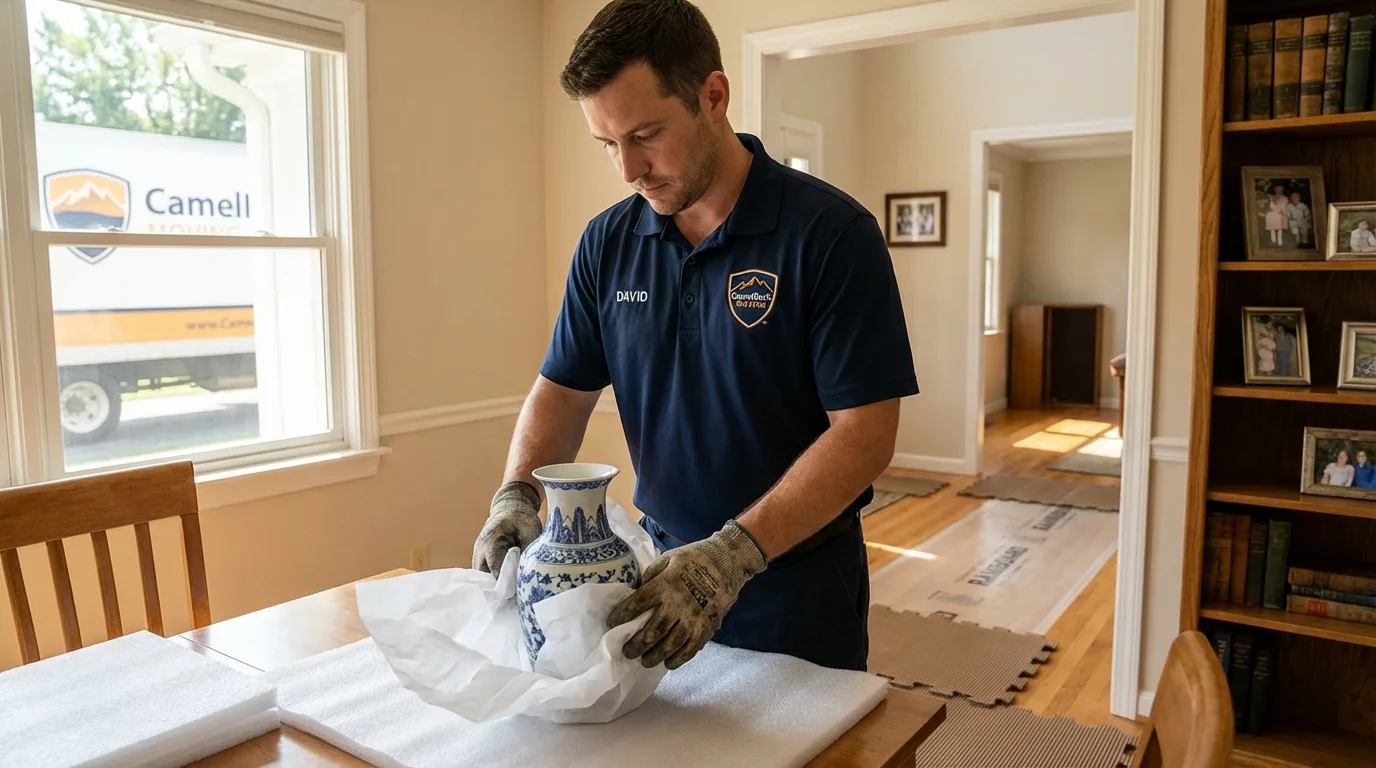 Professional crew carefully wrapping antique vase for senior downsizing move in Willows, CA